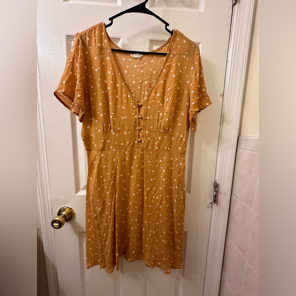 Mustard color polka dotted dress.
